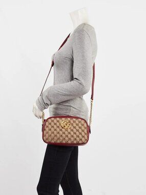 Gucci Beige/Red GG Diagonal Quilted Canvas Marmont Small Camera Bag